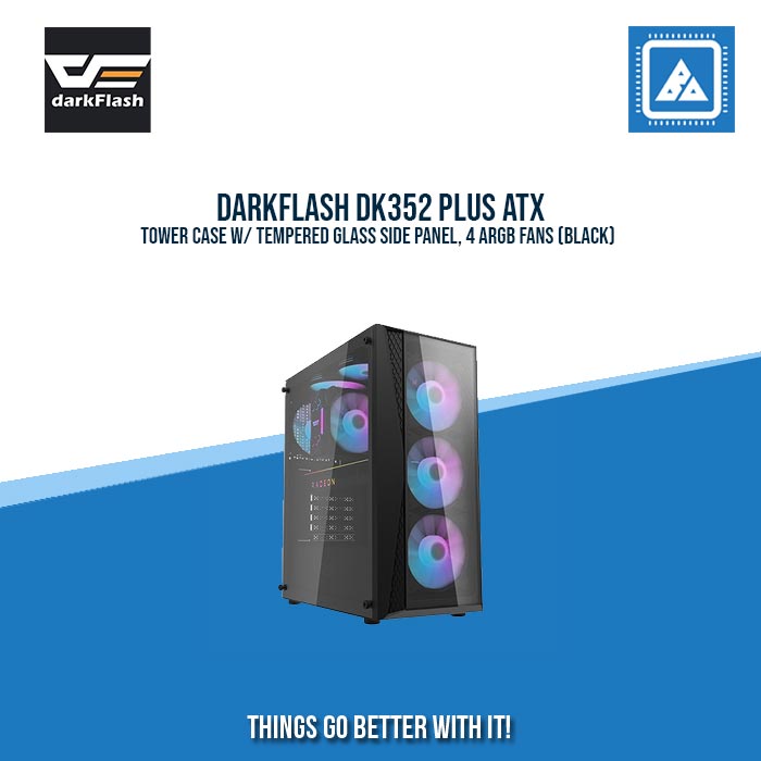 DARKFLASH DK352 PLUS ATX TOWER CASE W/ TEMPERED GLASS SIDE PANEL, 4 ARGB FANS (BLACK) DARKFLASH DK352 PLUS ATX TOWER CASE W/ TEMPERED GLASS SIDE PANEL, 4 ARGB FANS (BLACK)